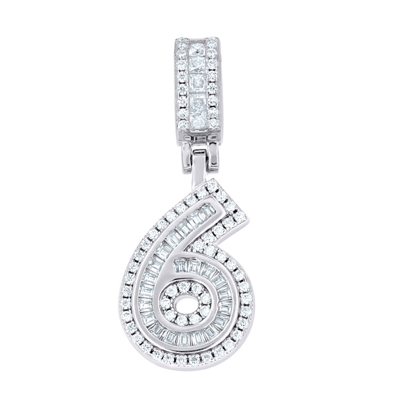 925 Sterling Silver Rnd Baguette 0.94ct Moissanite Initial Number 6 Char Pendant